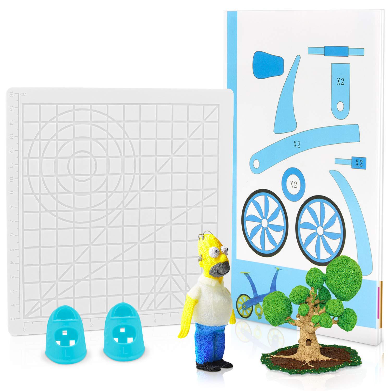 Meltreal 3D Printing Pen Silicone Design Mat – DIY Creative Drawing Template Pad with Anti-Heat Finger Protectors | Larger & Foldable, Double-Sided (Patterns + Animal Shapes)